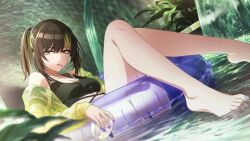 animated bikini black_hair blonde_hair breasts cleavage drinking_straw feet idolmaster idolmaster_shiny_colors ikaruga_luca innertube leaf multicolored_hair nail_polish off_shoulder official_art ponytail swim_ring swimsuit tagme toes video water