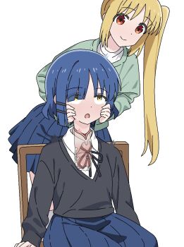 2girls black_jacket blonde_hair blue_hair bocchi_the_rock! chair dickneck disembodied_head dullahan green_jacket hair_ornament hairclip hands_on_another&#039;s_cheeks hands_on_another&#039;s_face highres ijichi_nijika jacket jbxpism misplaced_genitals multiple_girls on_chair penis penis_neck ponytail pussy shirt side_ponytail simple_background sitting textless_version uncensored what white_background white_shirt yamada_ryo yellow_eyes