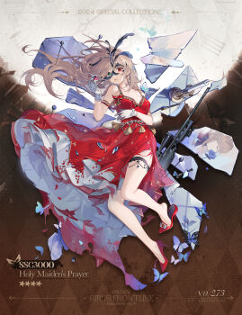 1girl 2024 analog_clock black_mask blue_butterfly blue_flower blue_rose breasts broken broken_mirror broken_weapon brown_hair bug butterfly butterfly_request candle candlestand character_name cleavage clock commentary copyright_name different_reflection domino_mask dress english_commentary english_text eye_mask feathers flower frilled_thigh_strap full_body gem girls&#039;_frontline gloves green_eyes heel_pop heterochromia high_heels highres holding holding_gem insect layered_dress looking_at_viewer lying mask medium_breasts miebao mirror official_alternate_costume official_art on_back parted_lips phantom_thief pin promotional_art red_dress red_eyes red_gemstone red_shoes reflection roman_numeral rose scope second-party_source shards shoes sig_ssg3000 solo sparkle ssg3000_(girls&#039;_frontline) ssg3000_(holy_maiden&#039;s_prayer)_(girls&#039;_frontline) star_(symbol) thigh_strap torn_clothes torn_dress torn_mask weapon white_dress white_gloves