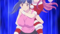 >_< 1boy 1girl animated anime_screenshot ass blue_hair bouncing_breasts braid breasts brown_eyes collarbone dress hat highres huge_ass large_breasts long_hair makuzawa_ouka megami_no_cafe_terrace pink_hair pink_shirt ponytail red_thighhighs santa_costume santa_dress santa_hat shirt sound sportswear striped_clothes striped_thighhighs subtitled tagme thighhighs tsuruga_ami video white_thighhighs