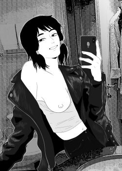 1girl bathroom belly black_hair breasts cellphone chainsaw_man commentary crop_top english_commentary greyscale highres holding holding_phone jacket kurohana14 leather leather_jacket mifune_fumiko monochrome navel nipple_slip nipples pants phone selfie smartphone smile twintails