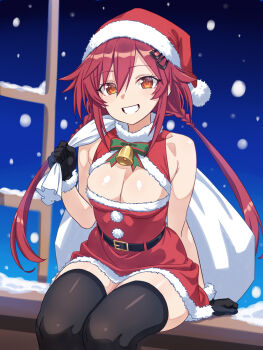 1girl bare_shoulders bell black_gloves black_thighhighs breasts choujigen_game_neptune cleavage commentary cowboy_shot dress english_commentary fur-trimmed_dress fur-trimmed_gloves fur_trim gloves hair_ornament hat highres holding holding_sack large_breasts long_hair looking_at_viewer neptune_(series) open_mouth orange_eyes red_dress red_hair sack santa_costume santa_hat sitting_in_window smile snow solo teeth tennouboshi_uzume thighhighs twintails very_long_hair zatsu