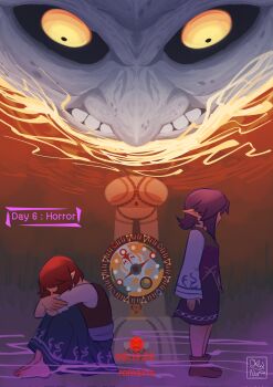 1boy 1girl anju_(zelda) artist_logo black_hair black_sclera black_skirt brown_footwear chibi_nur colored_sclera commentary countdown_timer english_commentary english_text from_side highres kafei logo long_sleeves medium_hair moon moon_(zelda) nintendo pointy_ears red_background red_hair shoes short_hair skirt the_legend_of_zelda the_legend_of_zelda:_majora&#039;s_mask tower yellow_eyes