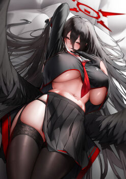 1girl absurdres black_gloves black_hair black_shirt black_skirt black_thighhighs black_wings blue_archive blush breasts covered_erect_nipples crop_top curvy deep_skin feathered_wings from_below garter_belt gloves hair_between_eyes half_gloves halo hasumi_(blue_archive) highres huge_breasts lace lace-trimmed_legwear lace_trim long_hair long_sleeves looking_at_viewer lying miniskirt narrow_waist no_bra on_back pleated_skirt red_eyes red_halo bad_tag shirt skindentation skirt smile solo stomach thick_thighs thighhighs thighs underboob very_long_hair windovvs wings