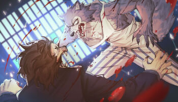 2boys beastars blood blood_on_clothes blood_on_face body_fur claws fighting furry furry_male ibuki_(beastars) legoshi lion_boy male_focus multiple_boys open_mouth pants punching sharp_teeth shen_shipi_(agil548g6h6) striped_clothes striped_pants tank_top teeth vertical-striped_clothes vertical-striped_pants white_tank_top wolf_boy