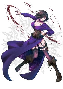 1girl absurdres black_eyes black_hair blood boots breasts brown_boots commentary_request lace-up_boots dagger dress eyelashes full_body garter_straps hair_over_one_eye highres holding holding_dagger holding_knife holding_weapon knife large_breasts long_dress octopath_traveler octopath_traveler_ii parted_lips pink_lips purple_dress purple_thighhighs short_hair solo thighhighs throne_anguis togekawaaaaaa watermark weapon white_background