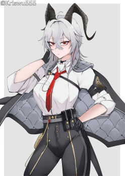 1girl ahoge armband black_armband black_choker black_gloves black_horns black_jacket black_pants black_tail border breasts chest_harness choker closed_mouth collared_shirt commentary curled_horns gloves grey_background grey_hair hair_between_eyes hand_on_own_hip harness highres horns jacket jacket_on_shoulders large_breasts long_hair looking_at_viewer multicolored_hair necktie pants red_eyes red_necktie shirt shirt_tucked_in solo streaked_hair tail twitter_username white_border white_shirt wuthering_waves wuwuwu_(kriswu555) zani_(wuthering_waves)