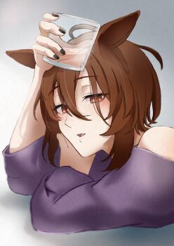 1girl absurdres agnes_tachyon_(umamusume) ahoge animal_ears black_nails brown_hair cup drinking_glass grey_background hair_between_eyes hand_on_own_arm head_on_arm head_rest highres holding holding_cup horse_ears horse_girl huge_ahoge long_sleeves nail_polish off-shoulder_sweater off_shoulder parted_lips purple_sweater red_eyes short_hair simple_background sleeves_rolled_up solo sweater ueno_irasto umamusume