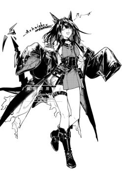 1girl ahoge arknights bare_shoulders beamed_eighth_notes belt black_boots black_collar black_hair black_jacket boots breasts closed_mouth collar commentary_request copyright_name crystal_horns crystal_tail detached_collar dress eighth_note emoji english_text facing_viewer full_body greyscale hands_up huge_ahoge jacket kyo_zip long_hair long_sleeves material_growth medium_breasts mon3tr_(arknights) monochrome music musical_note off_shoulder open_clothes open_jacket open_mouth oripathy_lesion_(arknights) pouch quarter_note short_dress short_shorts shorts shorts_under_dress sideboob sidelocks simple_background singing sleeveless sleeveless_dress sleeves_past_fingers sleeves_past_wrists smile solo standing stethoscope stethoscope_around_neck tail thigh_belt thigh_strap twitter_username underbust watermark white_background wide_sleeves