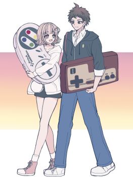 1boy 1girl :d ahoge black_jacket black_shorts brown_eyes brown_hair controller danganronpa_(series) danganronpa_2:_goodbye_despair denim famicom game_console game_controller highres hinata_hajime hood hooded_jacket jacket jeans long_sleeves multicolored_background nanami_chiaki nintendo official_alternate_costume open_mouth oversized_object pants satori_(aosky9077) shoes shorts smile sneakers super_famicom