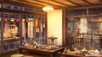 architecture beer_bottle beer_mug bottle bowl bowl_stack bungou_to_alchemist chair chicken_(food) choko_(cup) chopstick_rest chopsticks cooking_pot copyright_notice counter cup cushion east_asian_architecture edamame fish_(food) food fried_chicken hanging_light heater hotpot indoors kettle ladle lantern menu mug nabe night no_humans noren official_art okonomiyaki omelet paper_lantern poster_(object) potbelly_stove restaurant sake_bottle sashimi scenery shrimp shrimp_tempura snowing steam stool stove table tamagoyaki tempura tokkuri window wooden_ceiling wooden_chair wooden_floor yunomi zabuton