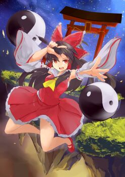 1girl absurdres ascot black_hair bow clear_echoes collar commentary detached_sleeves english_commentary floating_island flying frilled_hair_tubes frilled_skirt frills grass hair_bow hair_tubes hakurei_reimu highres holding holding_microphone knees long_hair looking_to_the_side microphone night night_sky open_mouth orb outstretched_arm outstretched_hand red_bow red_eyes red_shirt red_shoes red_skirt sarashi shirt shoes skirt sky solo star_(sky) starry_sky torii touhou white_collar white_sleeves yellow_ascot yin_yang yin_yang_orb