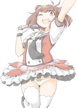 Rule 34 | 1girl, akara kai, antenna hair, black neckerchief, blush, brown eyes, brown hair, double bun, gloves, hair bun, hair ornament, highres, idol, kantai collection, microphone, naka (kancolle), naka kai ni (kancolle), neckerchief, one eye closed, open mouth, panties, sailor collar, scarf, school uniform, serafuku, short hair, short sleeves, skirt, smile, solo, standing, standing on one leg, thighhighs, two side up, underwear, white gloves, white panties, white sailor collar