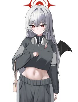 1girl absurdres alternate_costume arm_at_side bag blue_archive blush braid clenched_hand closed_mouth cowboy_shot cropped_jacket demon_girl demon_wings eyelashes grey_hair grey_jacket grey_pants hair_intakes halo hand_up handbag haruna_(blue_archive) headphones headphones_around_neck highres jacket liiigang long_hair looking_at_viewer midriff navel pants pink_bag red_eyes red_halo simple_background single_braid single_wing sleeves_past_wrists smile solo split_mouth tsurime very_long_hair white_background wings