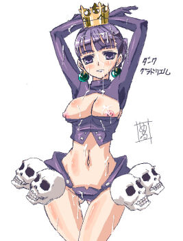1girl atlus blush breasts crown cum earrings female_focus gold_crown gradriel gradriel_de_valendia hip_focus jewelry navel nipples princess_crown purple_eyes purple_hair skull solo thigh_gap thighs wide_hips