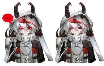 Rule 34 | ..., 1girl, animal ears, animal skull, black shirt, closed eyes, closed mouth, cloud (lufaeris), collar, cropped torso, double-parted bangs, hair between eyes, highres, hood, hood up, horns, horns through hood, looking at viewer, multicolored hair, multiple views, original, red eyes, red streaks, shirt, short hair, simple background, single hair streak, smile, speech bubble, spoken ellipsis, streaked hair, white background, white collar