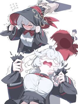 &gt;:( 1girl 1other ahoge blue_archive blush bow bowtie braid breasts clothes_grab commentary_request defeat dress_shirt eri_(blue_archive) flying_sweatdrops halo hat highres holding holding_unworn_clothes holding_unworn_hat joykoygo large_breasts large_hat long_hair o_o red_bow red_bowtie school_uniform shirt side_halo simple_background single_braid skirt skirt_flip solo_focus struggling surprised tearing_clothes tilted_halo torn_clothes unworn_hat unworn_headwear v-shaped_eyebrows wavy_hair white_background white_hair white_shirt witch_hat