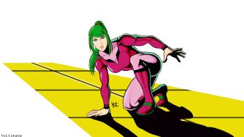 Rule 34 | 1girl, absurdres, adapted costume, alternate eye color, alternate hair color, anime coloring, arm support, black nails, blue eyes, boots, breasts, cleavage, full body, green eyes, green hair, hairband, highres, justin bailey, leotard, long hair, looking past viewer, metroid, metroid: samus returns, metroid: zero mission, muscular, muscular female, nail polish, nintendo, on one knee, pink leotard, ponytail, red hairband, samus aran, shadow, signature, simple background, solo, superhero landing, voltimate, wide shot