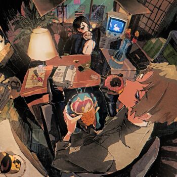 1boy 1girl banknote black_hair blonde_hair blue_eyes chair coin commentary corded_phone crt cup desk donut drawing_(object) eating flower food from_above grey_shirt hatsune_miku highres indoors jojidoboro lamp long_sleeves money office_chair original paprika paprika_(character) phone shirt sideways_glance sitting swivel_chair symbol-only_commentary vase vocaloid
