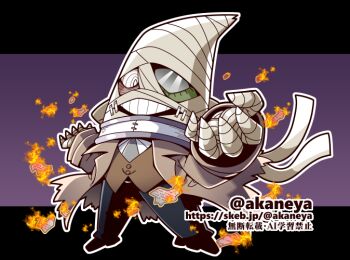 1boy akaneya bandaged_arm bandaged_head bandages brown_coat brown_vest chibi chibi_only coat commission fire full_body grin long_sleeves looking_at_viewer male_focus neck_brace schwarzwald skeb_commission smile solo teeth the_big_o vest