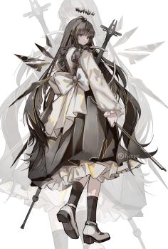 1girl absurdres alternate_costume arknights artist_name back_bow black_dress black_eyes black_hair black_halo black_socks blunt_bangs bow bow_(music) cello chinese_commentary commentary_request dark_halo detached_wings dress energy_wings enmaided expressionless frilled_dress frills from_behind full_body halo highres holding holding_bow_(music) instrument kneehighs large_bow long_dress long_hair long_sleeves looking_at_viewer maid mido_(mido_chen) shoes simple_background socks solo standing virtuosa_(arknights) white_background white_bow white_shoes wings zoom_layer