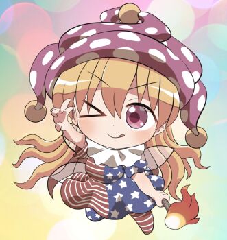 &gt;_o 1girl :q american_flag_dress american_flag_legwear blonde_hair blush chibi chibi_only closed_mouth clownpiece colorful_background commentary_request fairy_wings full_body hair_between_eyes hand_up hat holding holding_torch jester_cap long_hair looking_at_viewer neck_ruff no_shoes one_eye_closed pantyhose pink_eyes polka_dot_headwear purple_hat rokugou_daisuke signature smile solo tongue tongue_out torch touhou v-shaped_eyebrows w wings