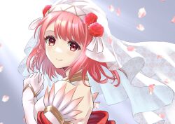 Rule 34 | 1girl, absurdres, back, blush, braid, bridal veil, bride, detached sleeves, dress, fire emblem, fire emblem engage, fire emblem heroes, flower, from side, gold trim, hairband, halterneck, highres, kakiko210, lapis (mighty bride) (fire emblem), looking at viewer, nintendo, official alternate costume, own hands together, pink eyes, pink hair, red flower, red rose, rose, single braid, smile, solo, two-tone hairband, veil, wedding dress, white dress, white hairband, yellow hairband