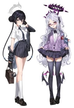 absurdres ahoge armband black_hair black_halo black_thighhighs blue_archive breasts demon_girl demon_horns demon_wings doodle_sensei_(blue_archive) double_bun full_body glasses hair_bun halo highres hina_(blue_archive) horns kisaki_(blue_archive) long_hair looking_at_viewer low_wings meltyrice miniskirt purple_eyes red_armband school_uniform sensei_(blue_archive) simple_background skirt small_breasts standing thighhighs thighs twintails white_background white_hair wings