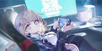 1girl absurdres arcade_stick black_jacket black_thighhighs breasts brown_hair chair collared_shirt controller danganronpa_(series) danganronpa_2:_goodbye_despair diving_penguin flipped_hair from_side game_boy game_console game_controller gamecube gamecube_controller hair_ornament handheld_game_console highres holding holding_handheld_game_console jacket joystick long_sleeves looking_at_viewer medium_hair monitor nanami_chiaki neck_ribbon nintendo_switch_2 open_clothes open_jacket pink_eyes ribbon shirt skirt solo thighhighs two-tone_shirt white_shirt