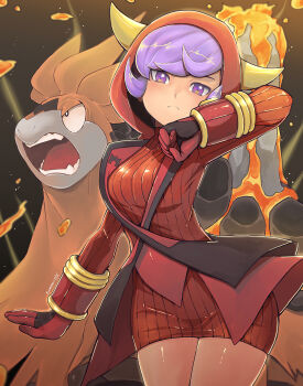 1girl camerupt courtney_(pokemon) courtney_(pokemon_oras) eudetenis fake_horns gen_3_pokemon gloves highres hood hoodie horned_headwear horns looking_at_viewer mega_camerupt mega_pokemon nintendo pokemon pokemon_(creature) pokemon_oras purple_eyes purple_hair ribbed_sweater short_hair sweater team_magma