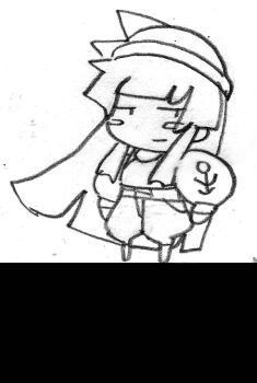 Rule 34 | 1girl, alternate costume, arm tattoo, breasts, chibi, dot eyes, hair ribbon, half-closed eyes, hat, highres, legs, monochrome, muscular, muscular female, nakoruru, pants, ribbon, sailor hat, samurai spirits, shirt, sketch, sleeveless, sleeveless shirt, small breasts, snk, tattoo, the king of fighters, thighs, traditional media