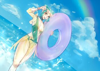 1girl alien antennae breasts green_eyes green_hair guardians_of_the_galaxy highres kyt3 long_hair looking_at_viewer mantis_(marvel) mantis_(oceanic_harmony)_(marvel) marvel marvel_rivals open_mouth pointy_ears smile solo swimsuit water