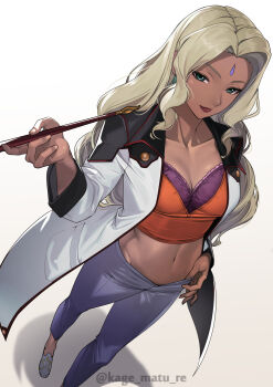 1girl absurdres blonde_hair blue_pants bra breasts cleavage coat code_geass crop_top dark-skinned_female dark_skin dutch_angle facial_mark forehead_mark green_eyes highres indian kagematsuri long_hair looking_at_viewer medium_breasts midriff navel orange_shirt pants purple_bra rakshata_chawla shirt simple_background smile smoking_pipe solo stomach underwear white_background white_coat