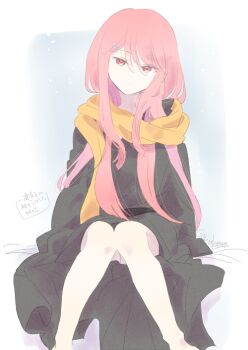 Rule 34 | 1girl, alternate costume, alternate hairstyle, alternate universe, bare legs, black kimono, black sash, blue ribbon, borrowed clothes, commentary request, cosplay, costume switch, hair ornament, hair ribbon, head tilt, japanese clothes, kimono, legs, legs together, long hair, long sleeves, loose clothes, official alternate costume, official alternate hairstyle, orange scarf, oversized clothes, pale skin, pink eyes, pink hair, ram (re:zero), re:zero kara hajimeru isekai seikatsu, re:zero kara oboreru isekai seikatsu, ribbon, sash, scarf, sitting, snow, snowing, tukemono6, white background, wrinkled fabric, x hair ornament