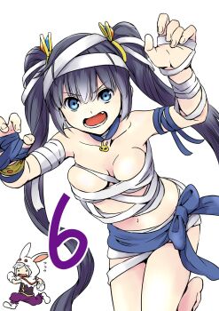 1boy 1girl bandage_on_hair bandaged_arm bandaged_chest bandaged_hand bandaged_head bandaged_torso bandages bare_shoulders bell_cranel black_hair breasts claw_pose commentary_request danmachi_memoria_freese dungeon_ni_deai_wo_motomeru_no_wa_machigatteiru_darou_ka fang halloween_costume hands_up hestia_(danmachi) highres long_hair looking_at_viewer medium_breasts mummy_costume navel official_alternate_costume open_mouth twintails yagi_takashi