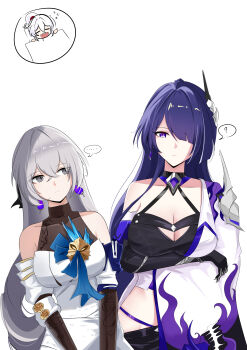 ... 3girls ? absurdres acheron_(honkai:_star_rail) ahoge bare_shoulders blue_ribbon breasts bronya_rand choker cleavage crop_top crossed_arms detached_sleeves dress drill_hair earrings flame_print floral_print gloves grey_eyes grey_hair hair_between_eyes hair_ornament hair_over_one_eye high-low_dress highres honkai:_star_rail honkai_(series) honkai_impact_3rd jacket jewelry kiana_kaslana kiana_kaslana_(ba-dum!_fiery_wishing_star) korean_commentary large_breasts long_hair medal medium_breasts midriff_peek multiple_girls open_clothes open_jacket purple_eyes purple_hair ribbon single_bare_shoulder sleeping upper_body very_long_hair waist_(chem5772) white_hair white_streaks