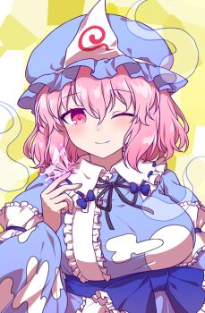 1girl black_ribbon blue_hat blue_kimono blush breasts bug butterfly closed_mouth commentary_request frilled_kimono frills hat hitodama imperishable_night insect japanese_clothes kaoling kimono long_sleeves looking_at_viewer mob_cap neck_ribbon one_eye_closed pink_butterfly pink_eyes pink_hair print_kimono ribbon saigyouji_yuyuko sleeve_garter smile solo touhou triangular_headpiece wide_sleeves