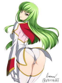 1girl ass ass_focus baron_(varon666) breasts c.c. code_geass cowboy_shot female_focus from_behind gloves green_hair highres jacket leotard long_hair long_sleeves looking_at_viewer looking_back medium_breasts panties smile solo thighhighs thighs underwear uniform white_background white_jacket white_leotard white_panties white_thighhighs yellow_eyes