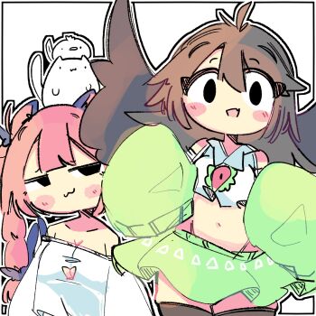 Rule 34 | 2girls, :3, alternate costume, animal ears, bare shoulders, bird wings, black eyes, black hair, black thighhighs, black wings, blunt bangs, braid, breasts, cat, cat ears, cat girl, cleavage, closed mouth, commentary, crop top, fang, green skirt, highres, kaenbyou rin, kourihase, long hair, looking at viewer, midriff, multiple girls, navel, open mouth, outline, reiuji utsuho, skin fang, skirt, thighhighs, third eye, touhou, white outline, wings