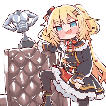 1girl akai_haato akai_haato_(gothic_lolita) black_dress black_shoes black_thighhighs blonde_hair blue_eyes blush bow dress frilled_dress frills hair_bow hair_ornament heart heart_hair_ornament highres hololive kukie-nyan looking_at_viewer official_alternate_costume official_alternate_hairstyle open_mouth red_bow red_dress shoes smile solo thighhighs two_side_up virtual_youtuber x_hair_ornament