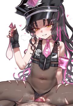 1boy 1girl absurdres armband bare_shoulders bikini bikini_bottom_aside black_bikini black_gloves black_hair black_hat blush bodystocking clothed_sex clothing_aside commentary condom condom_on_penis cowgirl_position ebora english_commentary fate/grand_order fate_(series) fingerless_gloves flat_chest girl_on_top gloves hat heart hetero highres holding holding_condom loli long_hair looking_at_viewer multicolored_hair navel necktie peaked_cap penis pink_hair pink_necktie pov pov_crotch sessyoin_kiara sessyoin_kiara_(lily) sessyoin_kiara_(swimsuit_mooncancer)_(second_ascension) sex short_necktie simple_background smile solo_focus straddling streaked_hair sweat swimsuit torn_bodystocking torn_clothes two-tone_hair uncensored used_condom vaginal very_long_hair white_background yellow_eyes