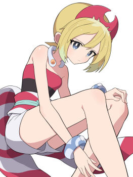 Rule 34 | 1girl, bare shoulders, blonde hair, blue eyes, bracelet, breasts, closed mouth, collarbone, commentary request, hair between eyes, hairband, hiyoshipow, irida (pokemon), jewelry, neck ring, nintendo, pokemon, pokemon legends: arceus, red hairband, red shirt, sash, shirt, short hair, shorts, simple background, small breasts, solo, strapless, strapless shirt, waist cape, white background, white shorts