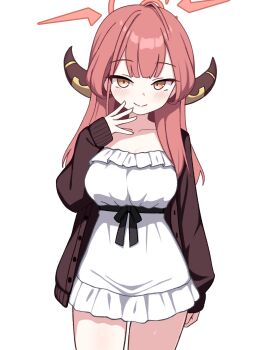 Rule 34 | 1girl, aru (blue archive), blue archive, blush, brown jacket, closed mouth, commentary request, cowboy shot, demon horns, dress, halo, highres, horns, io9, jacket, korean commentary, long hair, looking at viewer, open clothes, open jacket, pink hair, pink halo, simple background, sleeves past wrists, smile, solo, white background, white dress, yellow eyes