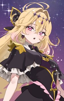 Rule 34 | 1girl, antenna hair, black bow, black bowtie, black capelet, black dress, blonde hair, blush, bow, bowtie, capelet, commentary request, crossed bangs, cure arcana shadow, dress, frilled dress, frills, gem, gradient hair, hair between eyes, hair intakes, heart-shaped gem, highres, looking at viewer, meitantei precure!, moria luluka, multicolored hair, open mouth, pink hair, precure, purple eyes, purple gem, solo, upper body, yamaro (yamaro0)