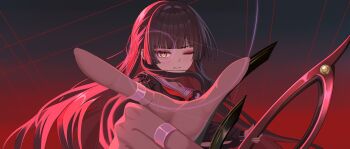 1girl absurdres black_choker black_hair chisa_(wuthering_waves) choker closed_mouth commentary golden_spiral hair_ribbon highres holding holding_sword holding_weapon kkyungkki long_hair looking_at_viewer neckerchief one_eye_closed orange_eyes red_neckerchief red_ribbon ribbon sailor_collar solo sword symbol-only_commentary upper_body weapon white_sailor_collar wuthering_waves