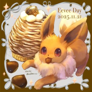 animal_focus brown_eyes commentary_request dated eevee food food_focus gen_1_pokemon hazelnut momomo12 mouth_hold nintendo no_humans open_mouth pokemon pokemon_(creature) pokemon_focus ribbon smile solo twitter_username