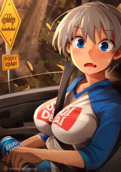 1girl absurdres beer_can between_breasts black_pantyhose blue_eyes blue_pants blue_shirt blush breasts can car car_interior collarbone commentary cowboy_shot denim drink_can english_commentary fang frown grey_hair hair_between_eyes highres holding holding_can jeans khyle. large_breasts light_blush looking_at_viewer motor_vehicle multicolored_shirt open_mouth pants pantyhose patreon_logo patreon_username print_shirt raglan_sleeves road_sign seatbelt shirt short_hair sign sitting skin_fang three-quarter_sleeves solo sugoi_dekai sweatdrop tree uzaki-chan_wa_asobitai! uzaki_hana watermark web_address white_shirt