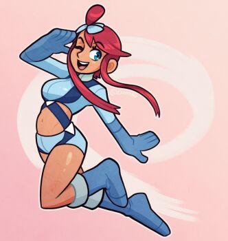 1girl ;d blue_boots blue_eyes blue_gloves blue_jacket blue_shorts boots breasts commentary cropped_jacket english_commentary full_body gloves hair_ornament jacket medium_breasts midriff navel nintendo one_eye_closed open_mouth pink_background pokemon pokemon_bw red_hair salute short_shorts shorts sidelocks skyla_(pokemon) smile solo teeth tsuvida upper_teeth_only