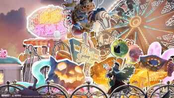 absurdres amusement_park animal_bag animal_balloon arm_up black_coat blue_hair carousel coat copyright_name copyright_notice ferris_wheel floating_hair from_behind fur_hat hands_up hat highres index_finger_raised logo long_hair megaphone neon_lights official_art official_wallpaper outdoors purple_sky roller_coaster scenery shako_cap sky white_hat wide_shot xingqiyi_(xinyue_tongxing) xinyue_tongxing