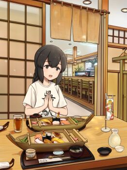 1girl black_hair blouse blush braid brown_eyes clothes_writing food hair_between_eyes hitakikan isonami_(kancolle) kantai_collection long_hair open_mouth shirt short_sleeves smile solo sushi twin_braids white_shirt